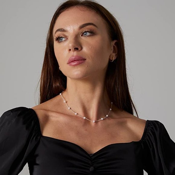 Dainty Pearl Choker Necklace for Women 14K Gold Plated Pearl Necklaces Simple - Picture 5 of 5